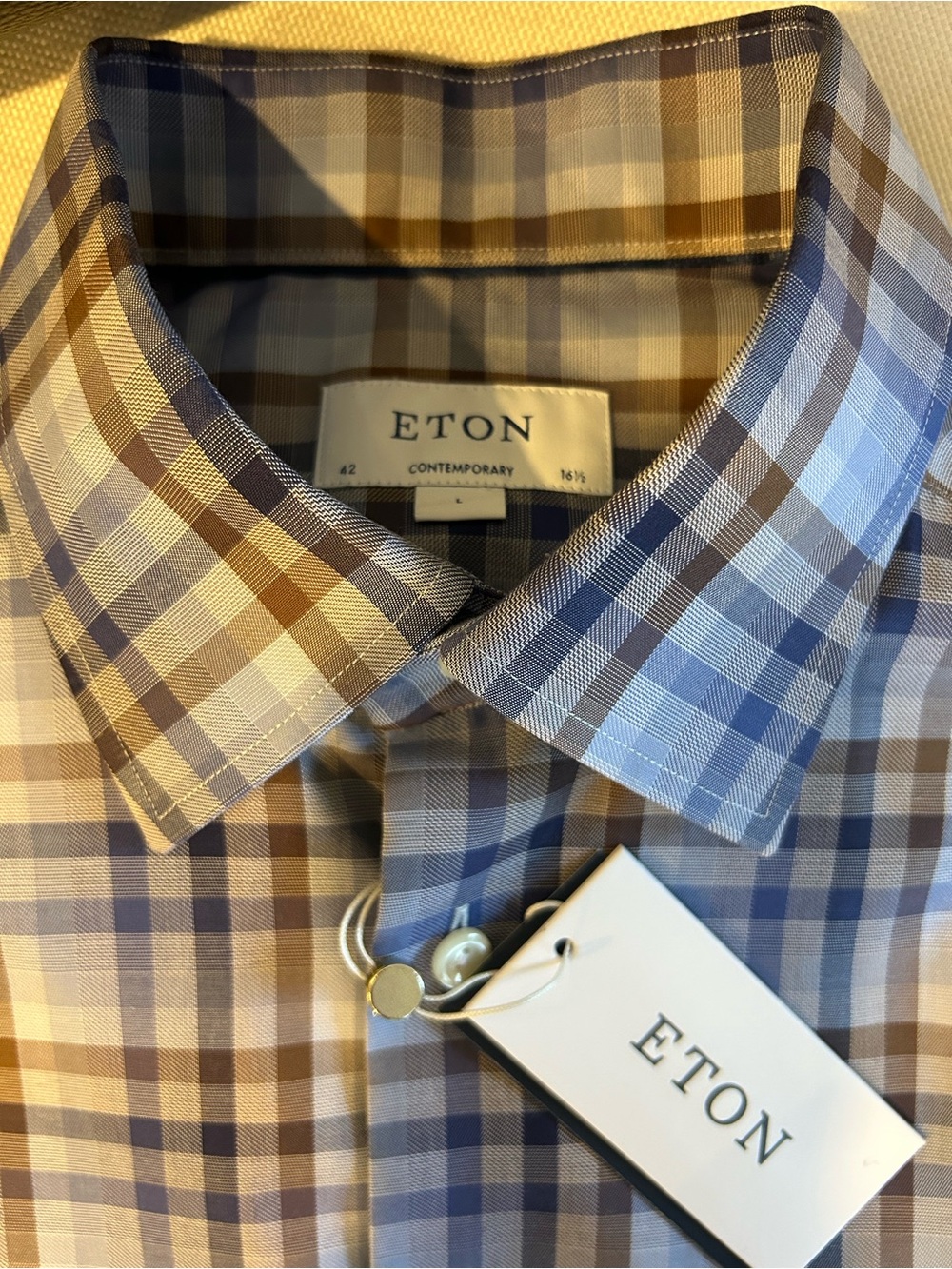 Eton Men's Blue and Brown Checked Dress Shirt